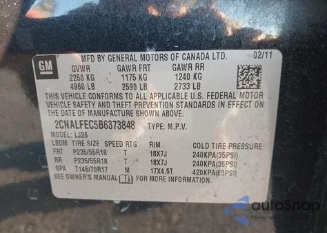 2011 Chevrolet Equinox Ltz z USA, uszkodzony, nr VIN 2CNALFEC5B6373848